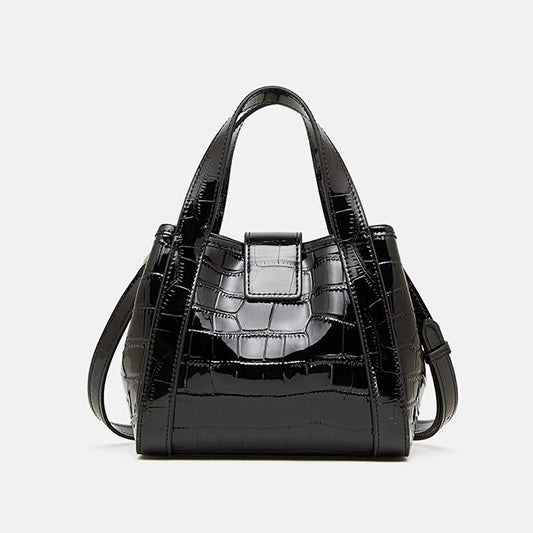 Croc-Embossed Luxury Leather Bucket Bag with Buckle Handle