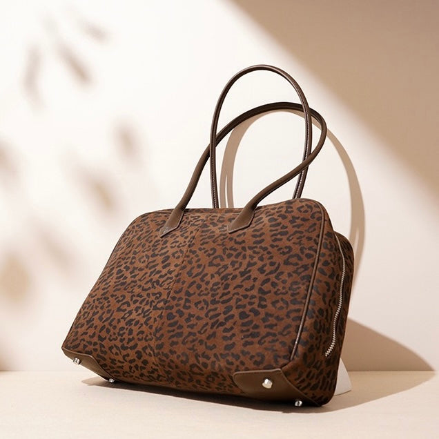 Leopard Print Genuine Leather Luxury Bowling Bag