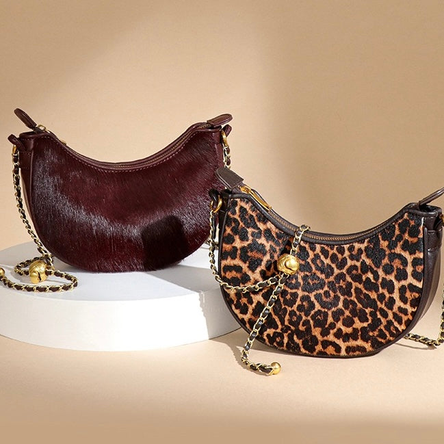 Leopard Print Genuine Leather Half Moon Crossbody Bag