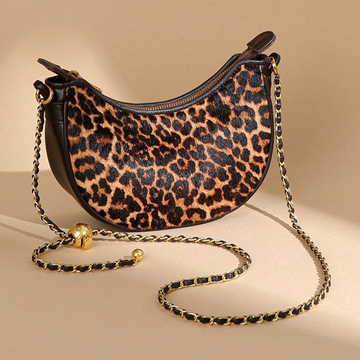 Leopard Print Genuine Leather Half Moon Crossbody Bag