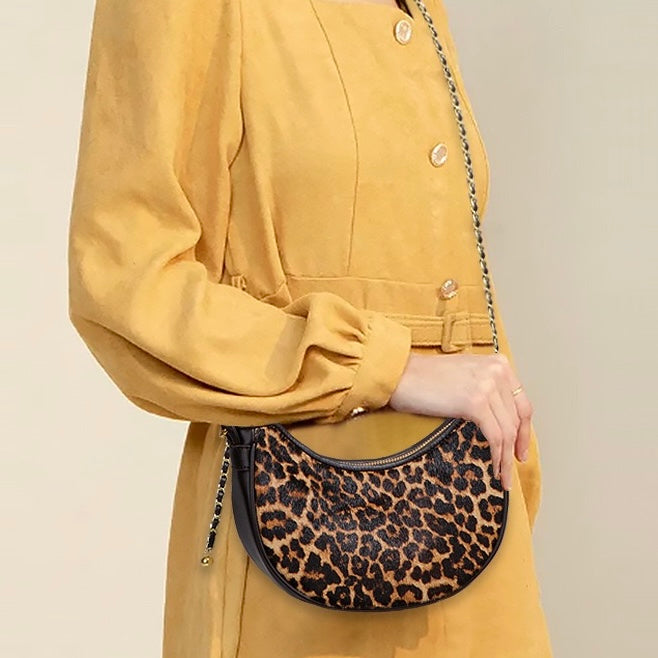 Leopard Print Genuine Leather Half Moon Crossbody Bag