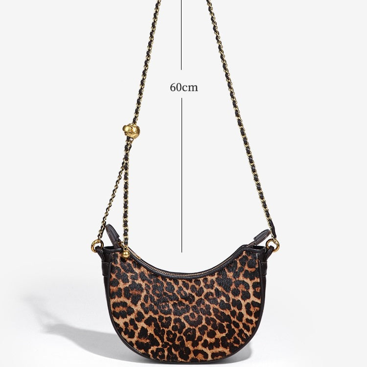 Leopard Print Genuine Leather Half Moon Crossbody Bag