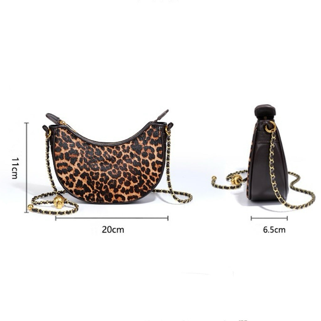 Leopard Print Genuine Leather Half Moon Crossbody Bag