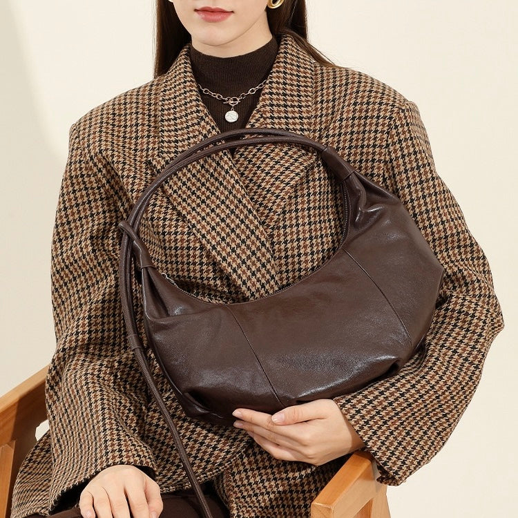 Genuine Leather Half-Moon Dumpling Handbag in Coffee and Black