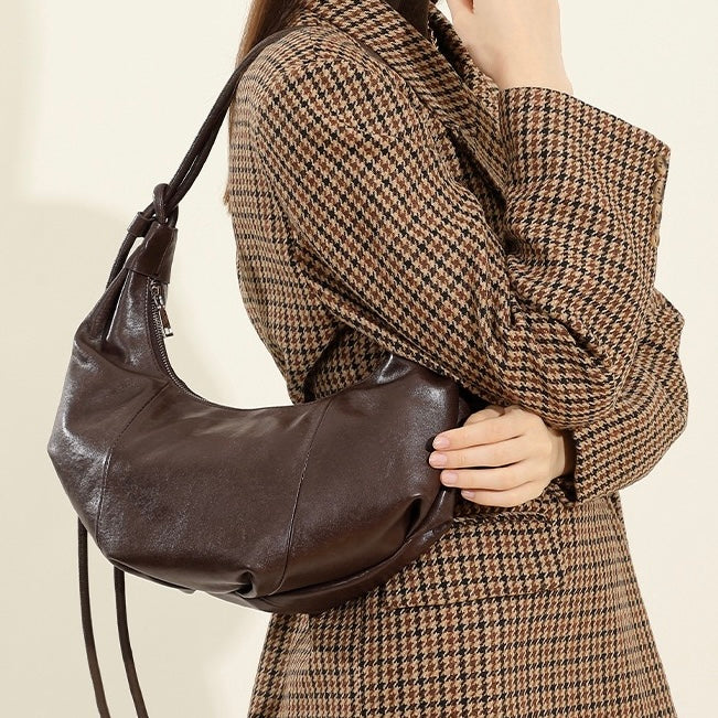 Genuine Leather Half-Moon Dumpling Handbag in Coffee and Black