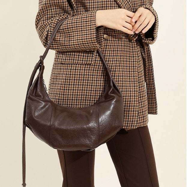 Genuine Leather Half-Moon Dumpling Handbag in Coffee and Black
