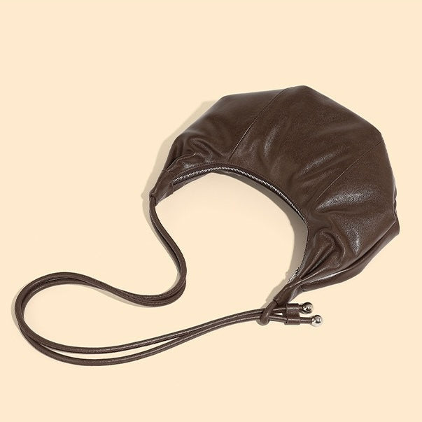 Genuine Leather Half-Moon Dumpling Handbag in Coffee and Black