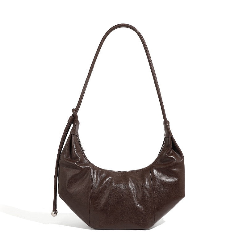 Genuine Leather Half-Moon Dumpling Handbag in Coffee and Black