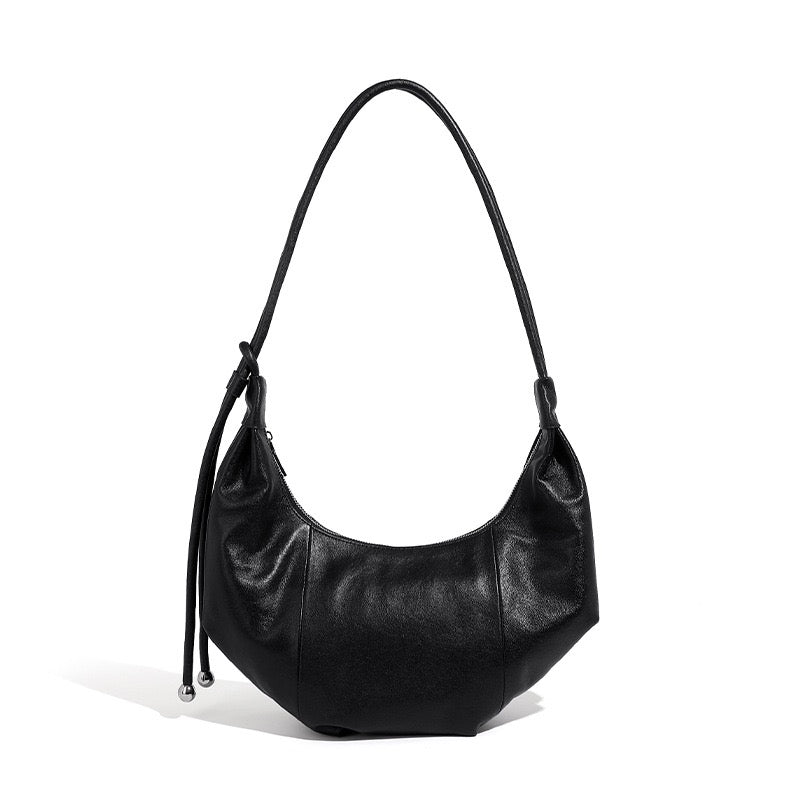 Genuine Leather Half-Moon Dumpling Handbag in Coffee and Black