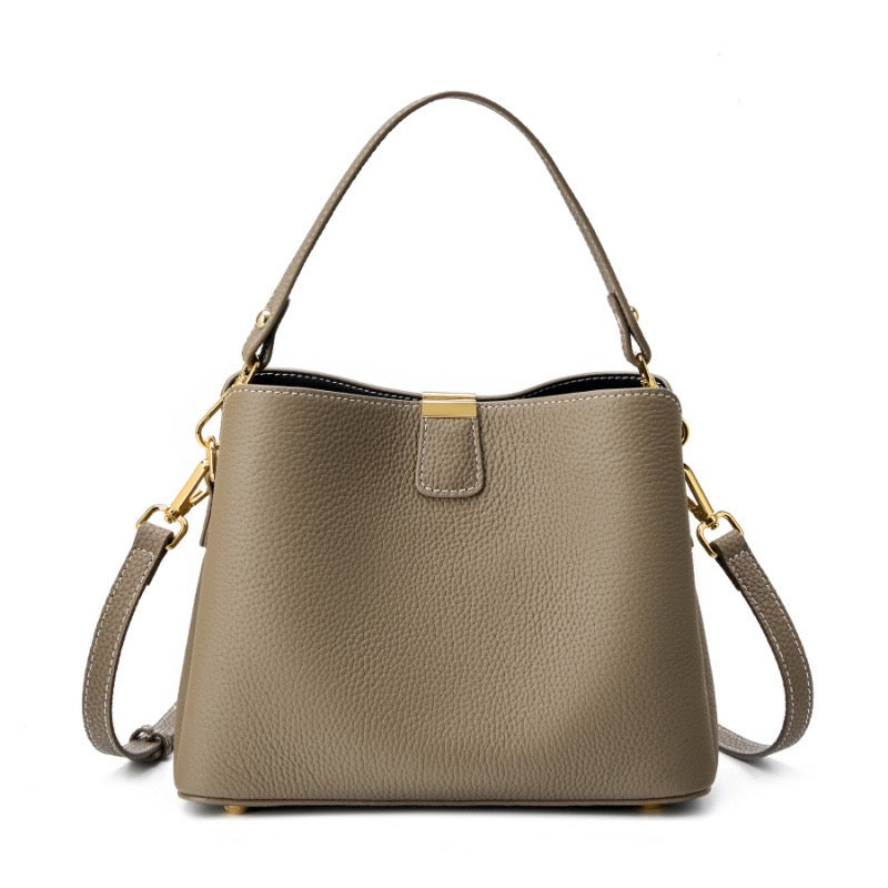 Luxury Gold-Trimmed Genuine Leather Bucket Handbag