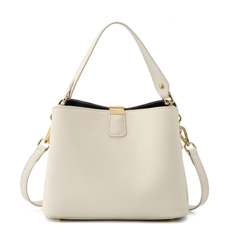 Luxury Gold-Trimmed Genuine Leather Bucket Handbag