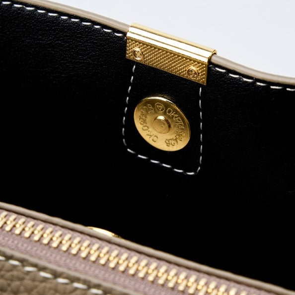 Luxury Gold-Trimmed Genuine Leather Bucket Handbag