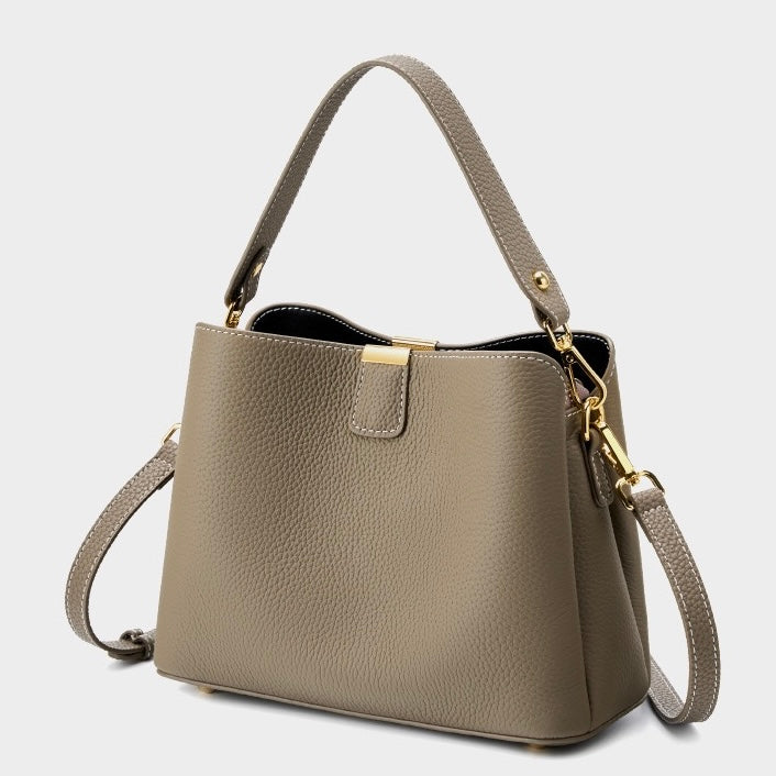 Luxury Gold-Trimmed Genuine Leather Bucket Handbag