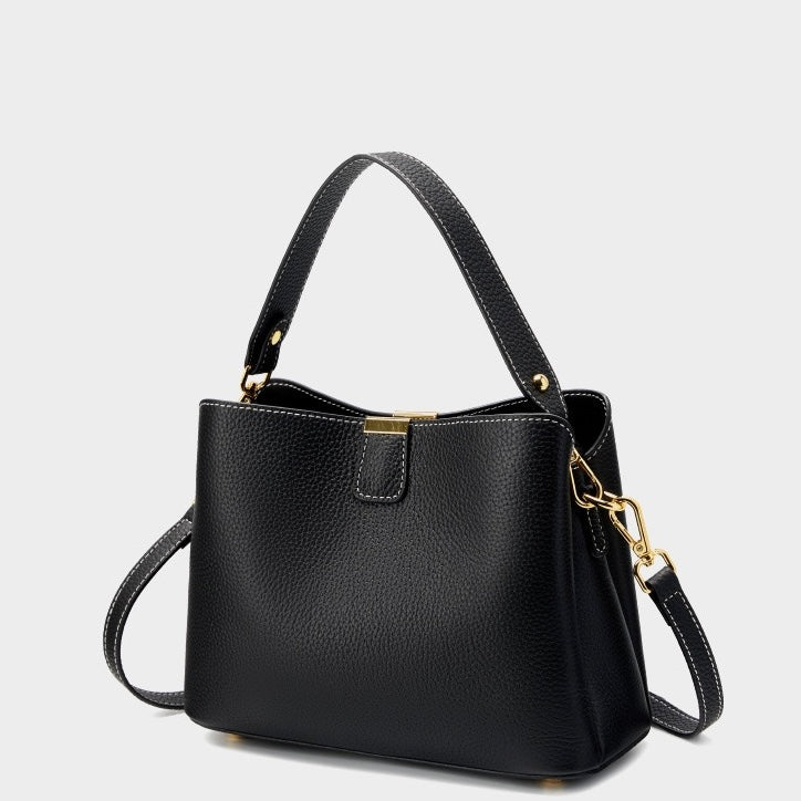 Luxury Gold-Trimmed Genuine Leather Bucket Handbag