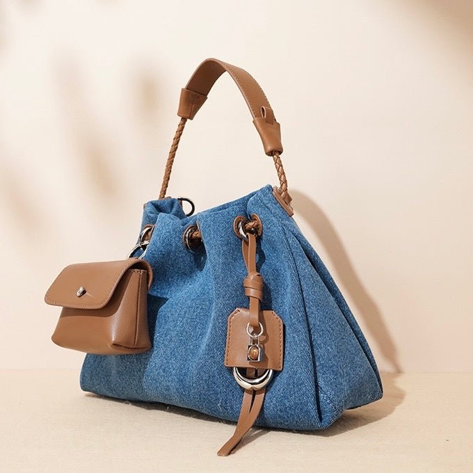 Genuine Leather and Denim Patchwork Hobo Bag