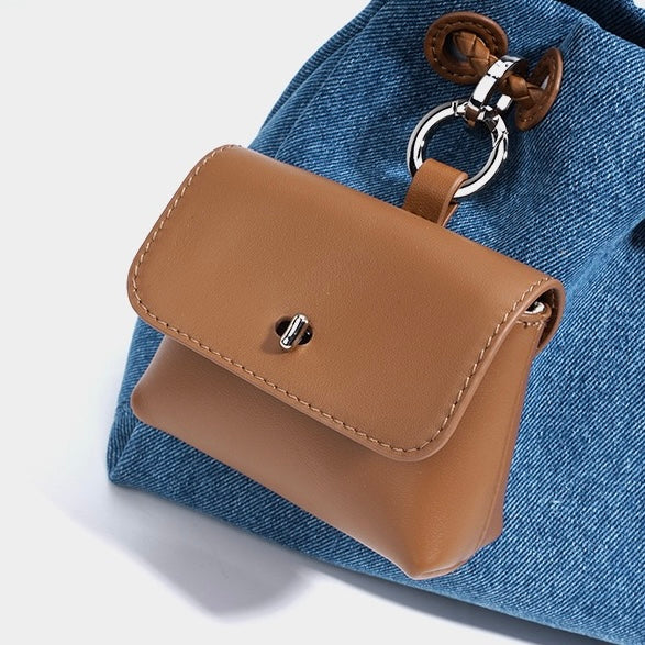 Genuine Leather and Denim Patchwork Hobo Bag