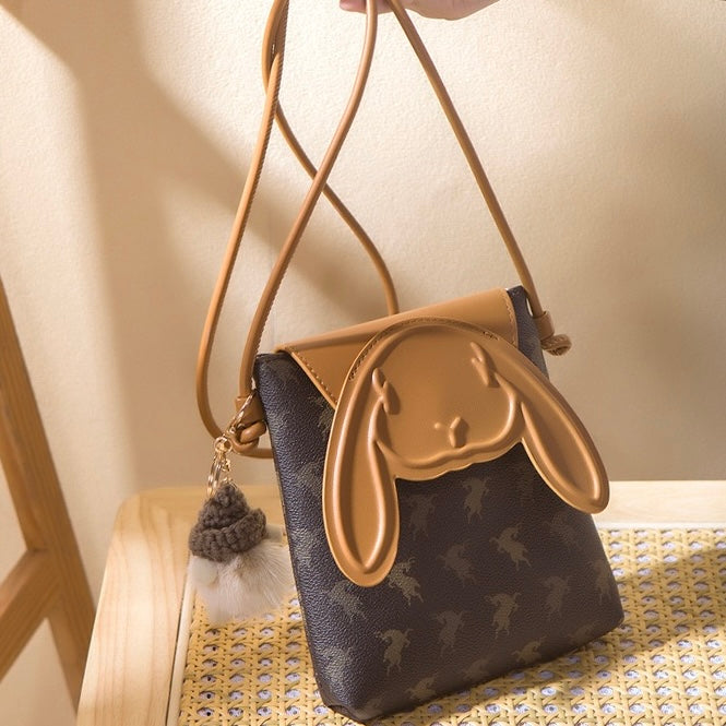 Vintage Rabbit Print Leather Crossbody Bag