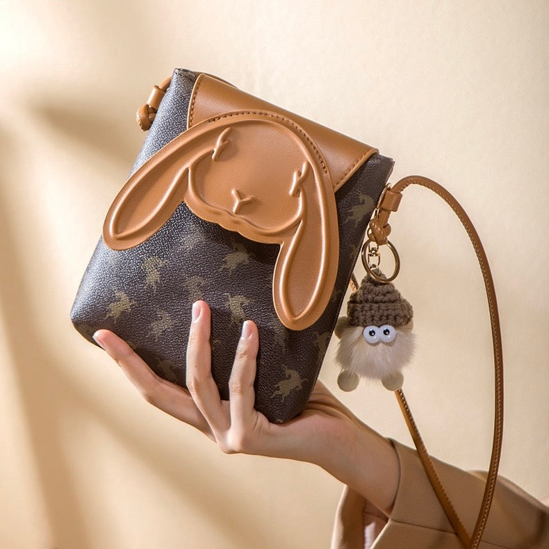 Vintage Rabbit Print Leather Crossbody Bag