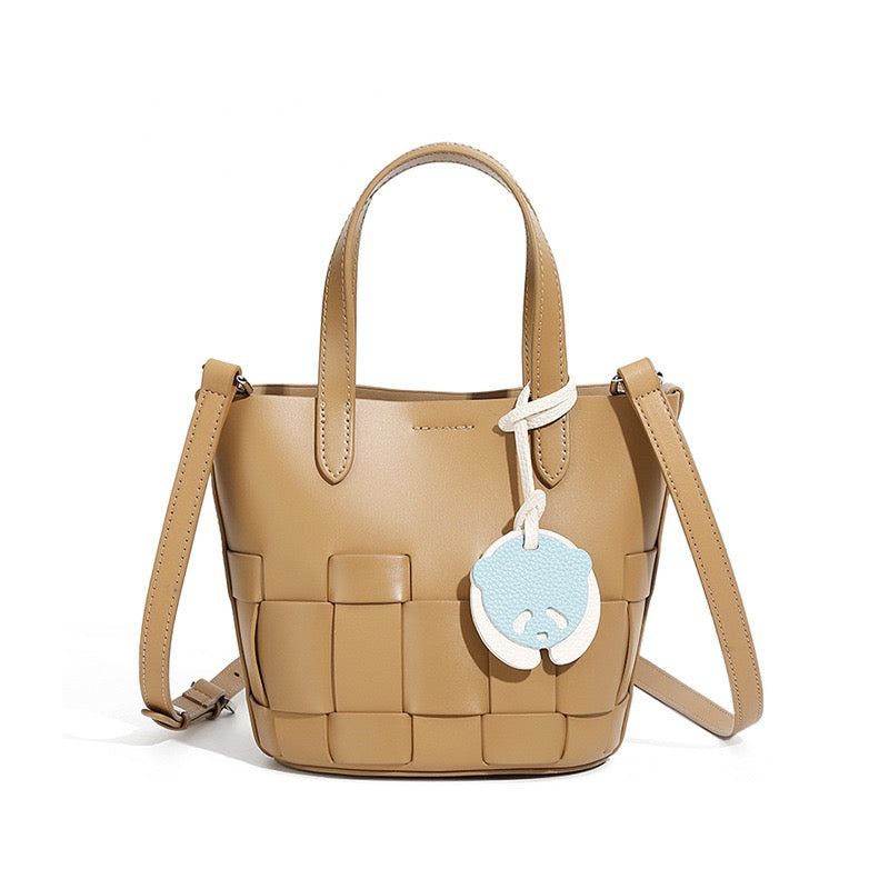 Handcrafted Leather Woven Picnic Basket Bag with Panda Charm