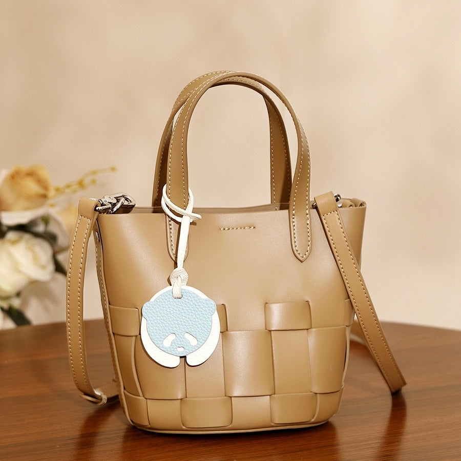 Handcrafted Leather Woven Picnic Basket Bag with Panda Charm