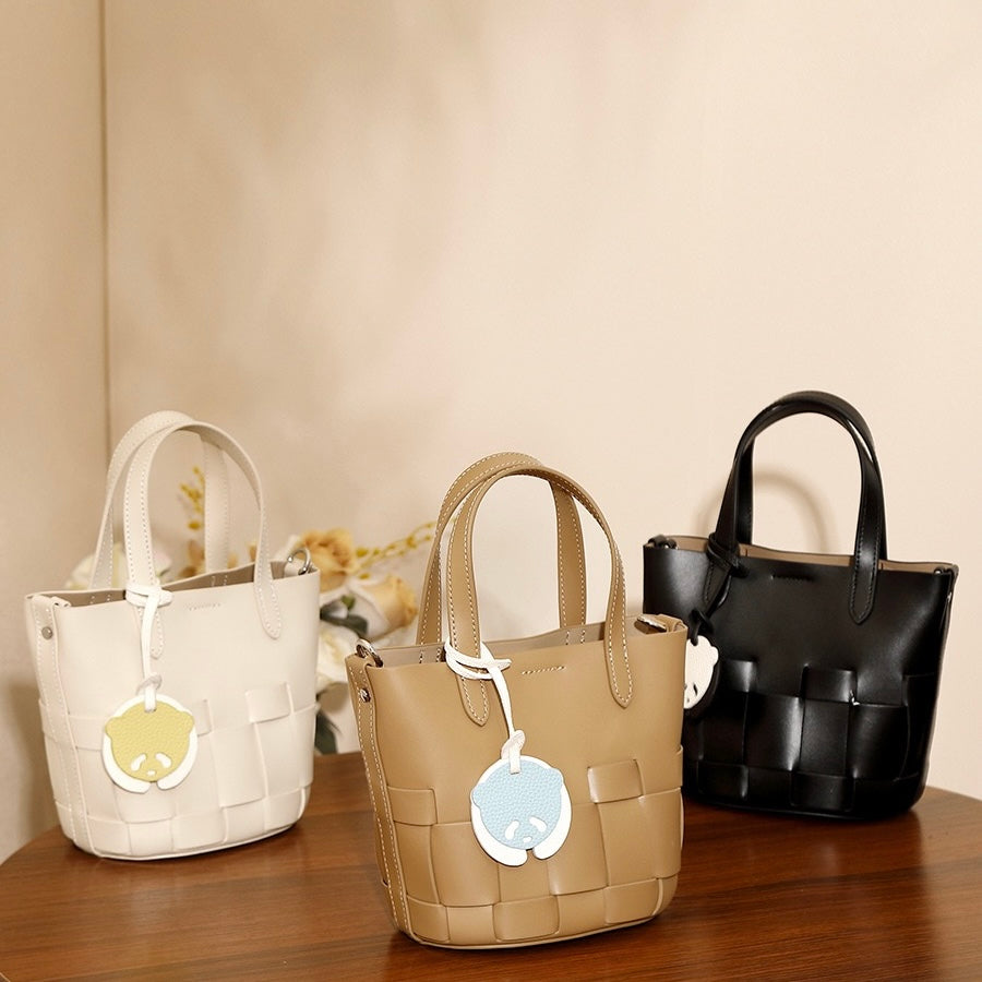 Handcrafted Leather Woven Picnic Basket Bag with Panda Charm