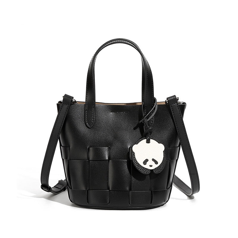 Handcrafted Leather Woven Picnic Basket Bag with Panda Charm