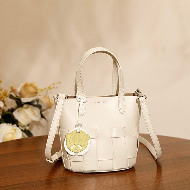 Handcrafted Leather Woven Picnic Basket Bag with Panda Charm