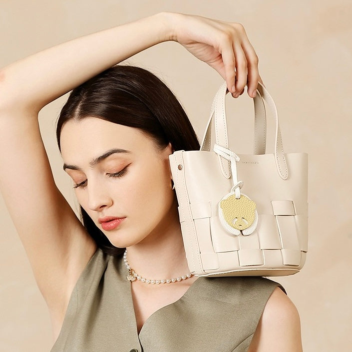 Handcrafted Leather Woven Picnic Basket Bag with Panda Charm