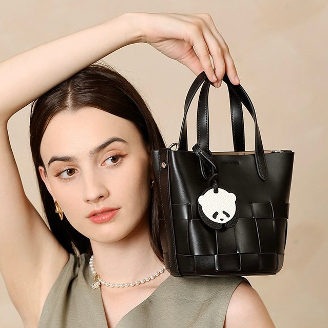 Handcrafted Leather Woven Picnic Basket Bag with Panda Charm