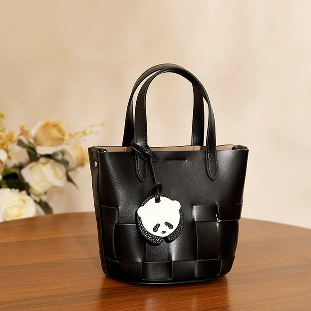Handcrafted Leather Woven Picnic Basket Bag with Panda Charm