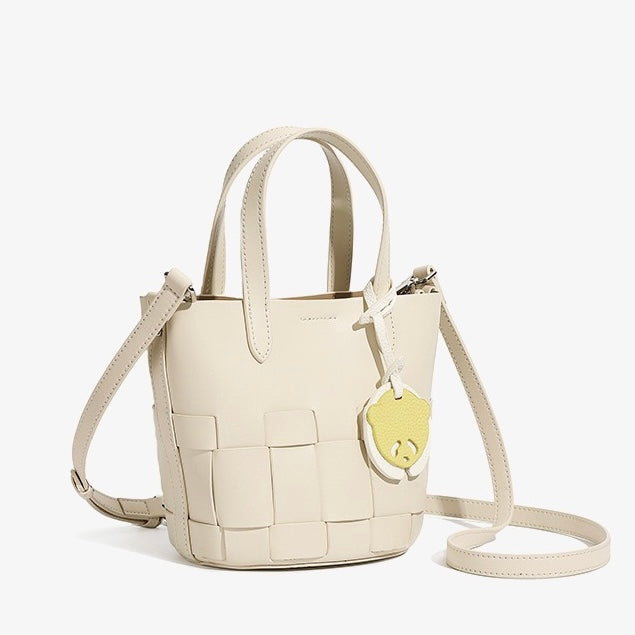 Handcrafted Leather Woven Picnic Basket Bag with Panda Charm