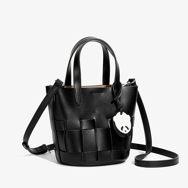 Handcrafted Leather Woven Picnic Basket Bag with Panda Charm