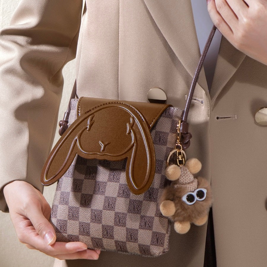 Plaid Elegance Rabbit Genuine Leather Mini Crossbody Bag