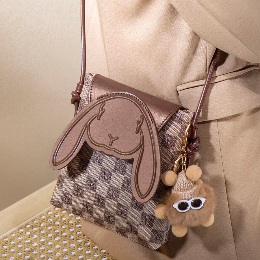 Plaid Elegance Rabbit Genuine Leather Mini Crossbody Bag