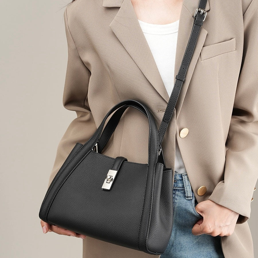 Top-Grain Leather Crossbody Bag with Elegant Lock Closure