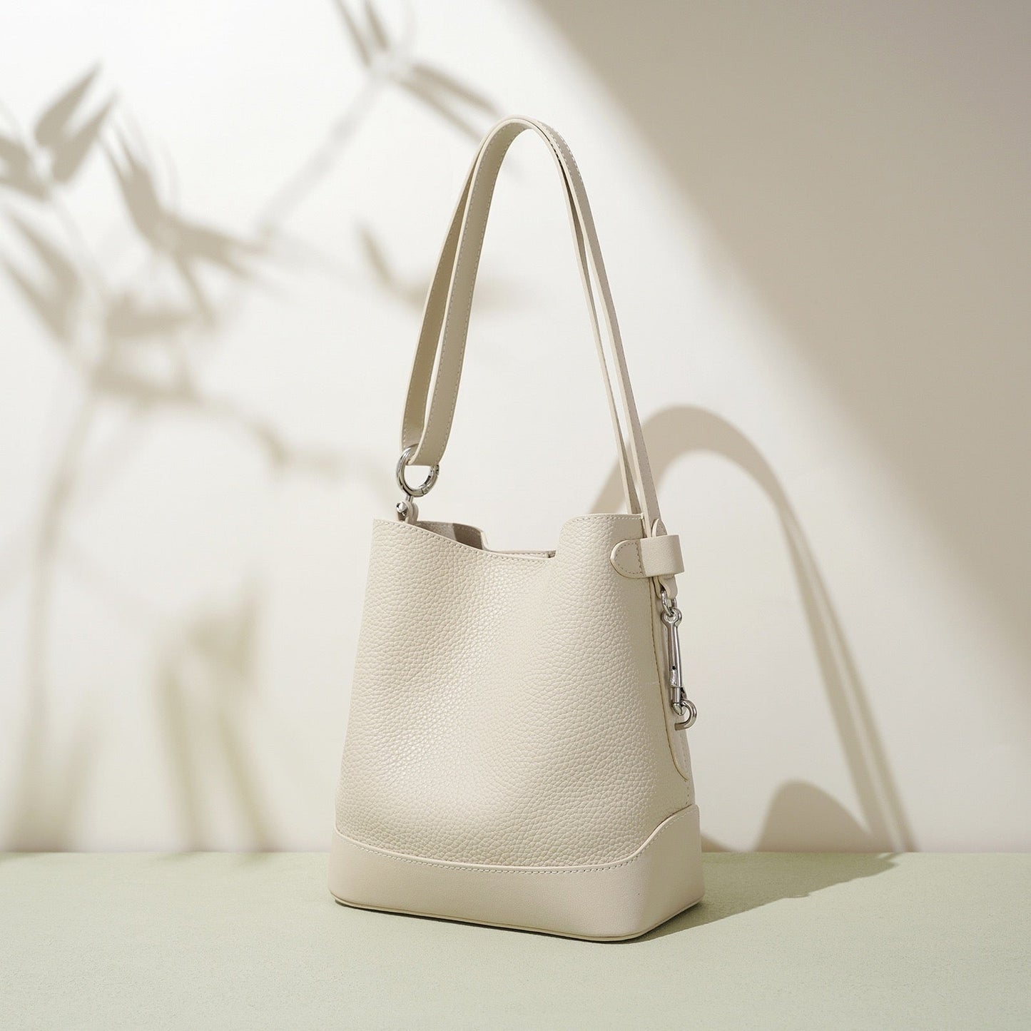 Genuine Leather Lychee Grain Bucket Crossbody Bag for Women