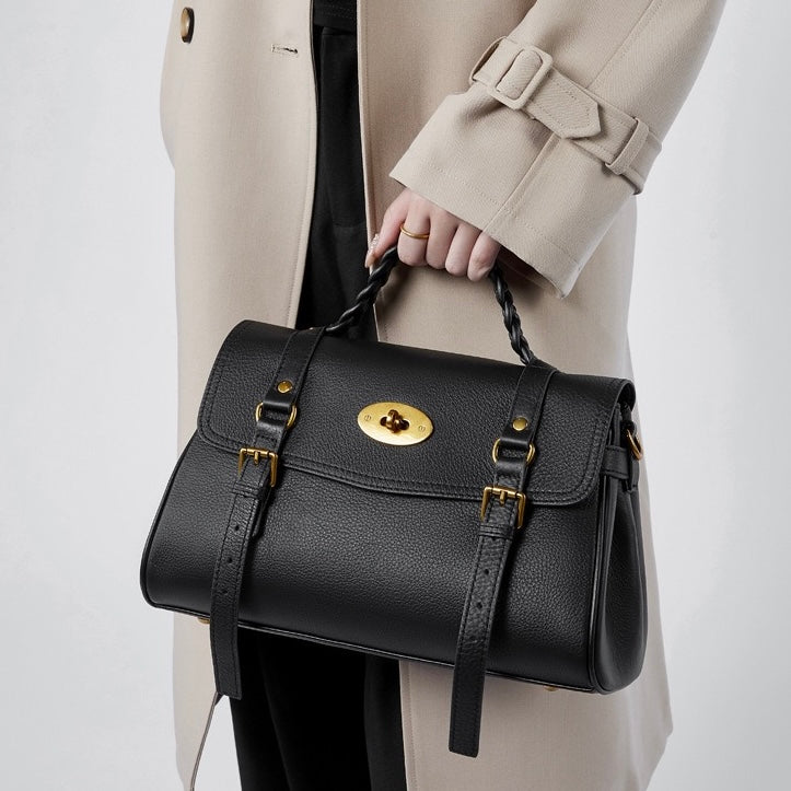 Sophisticated Braided Handle Leather Satchel with Buckle Detail
