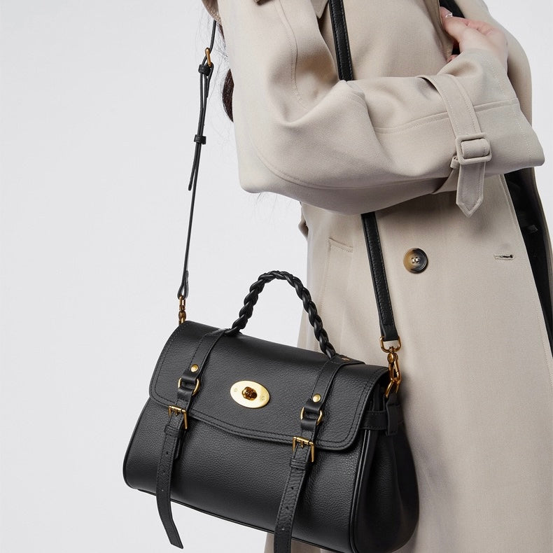 Sophisticated Braided Handle Leather Satchel with Buckle Detail