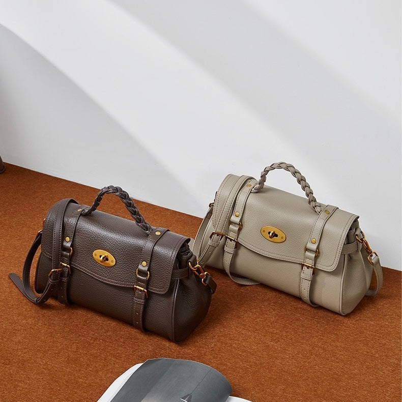 Sophisticated Braided Handle Leather Satchel with Buckle Detail