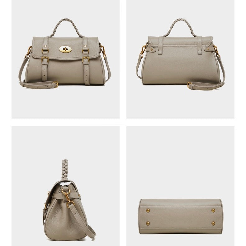 Sophisticated Braided Handle Leather Satchel with Buckle Detail