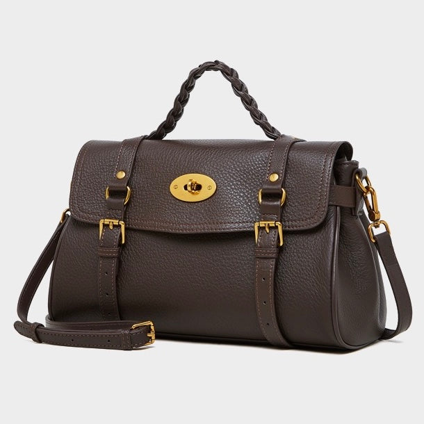 Sophisticated Braided Handle Leather Satchel with Buckle Detail