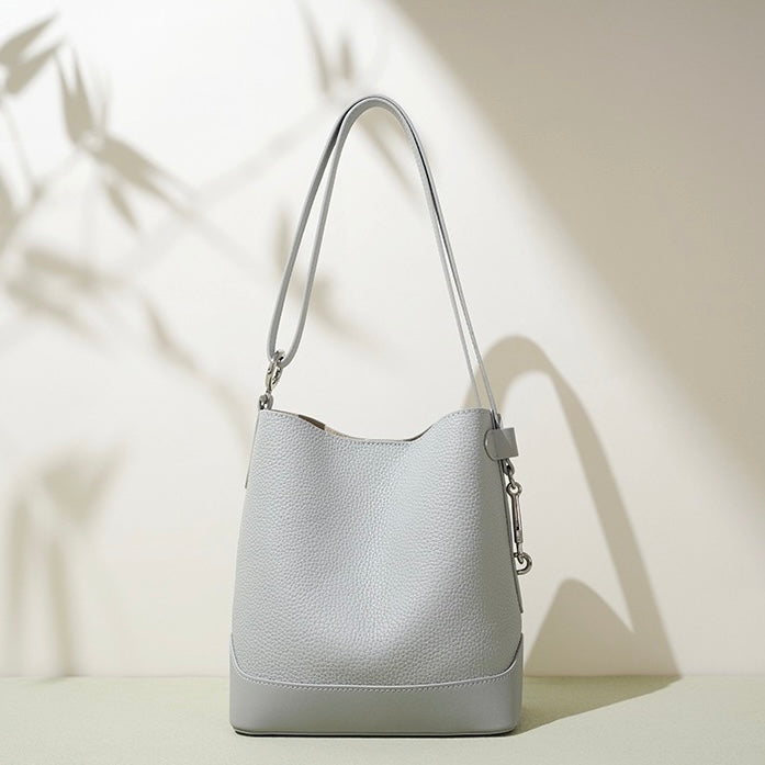 Genuine Leather Lychee Grain Bucket Crossbody Bag for Women