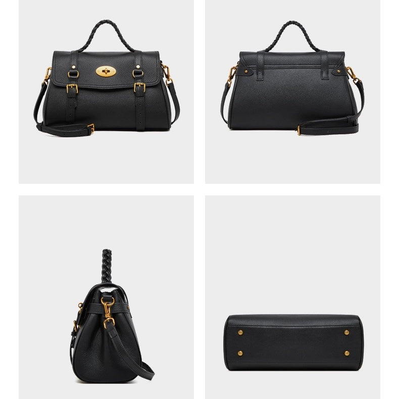 Sophisticated Braided Handle Leather Satchel with Buckle Detail