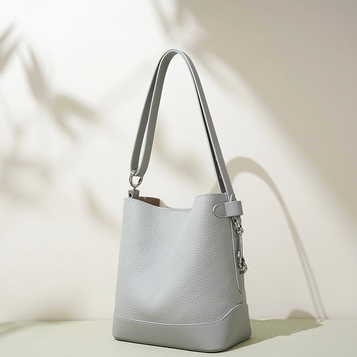 Genuine Leather Lychee Grain Bucket Crossbody Bag for Women