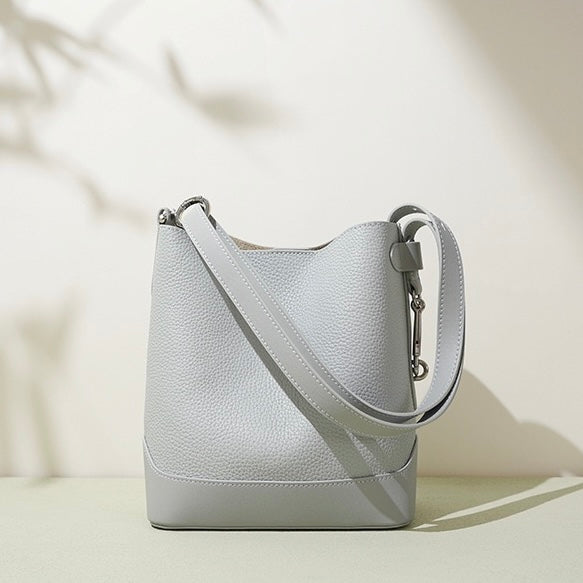Genuine Leather Lychee Grain Bucket Crossbody Bag for Women