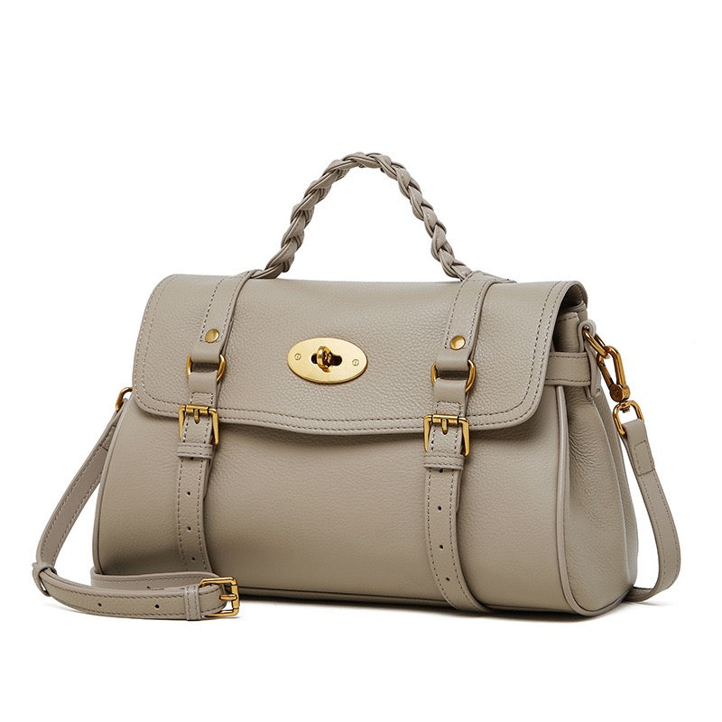 Sophisticated Braided Handle Leather Satchel with Buckle Detail