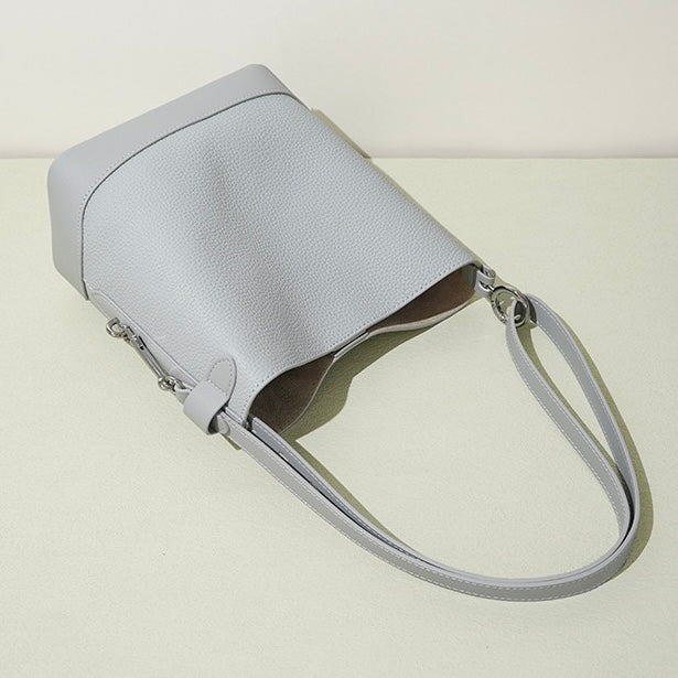 Genuine Leather Lychee Grain Bucket Crossbody Bag for Women