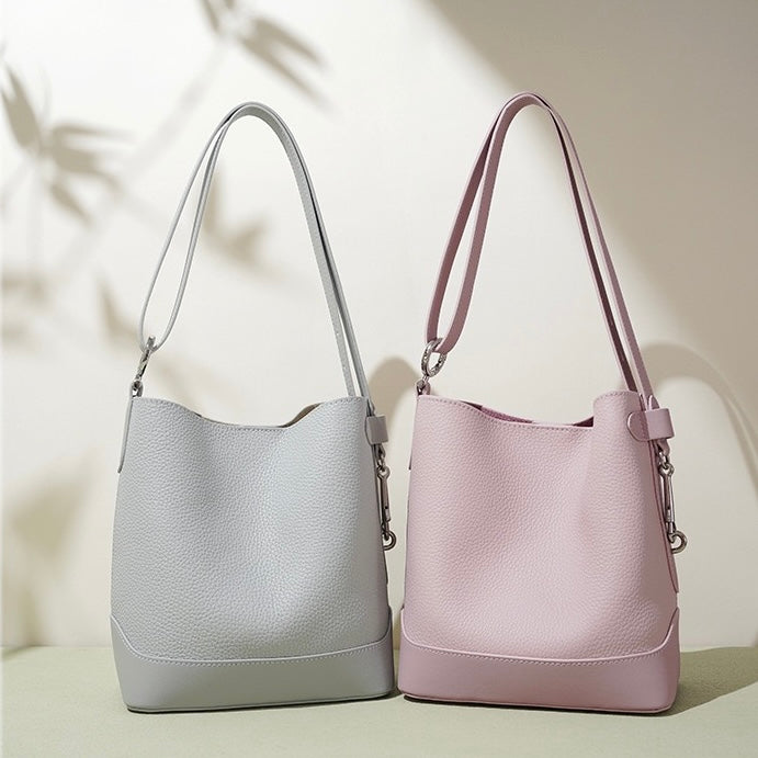 Genuine Leather Lychee Grain Bucket Crossbody Bag for Women