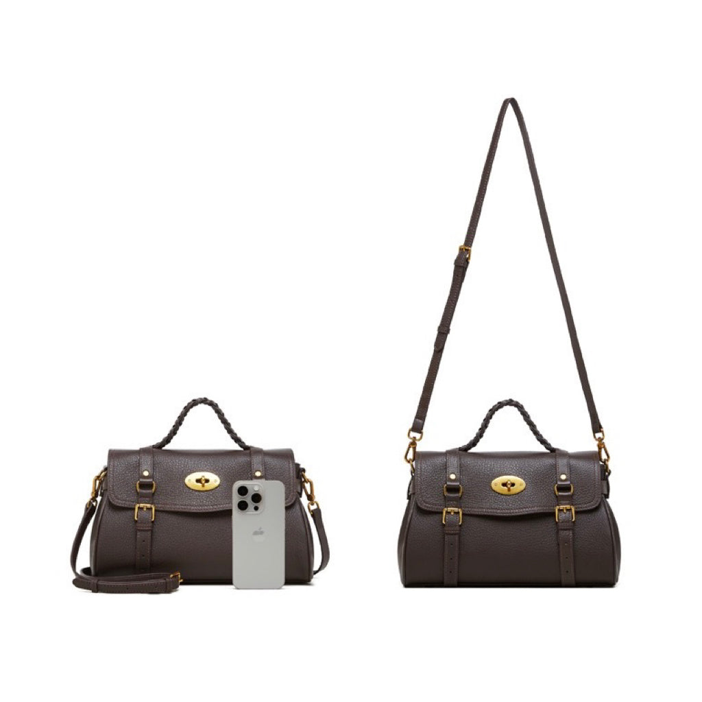Sophisticated Braided Handle Leather Satchel with Buckle Detail