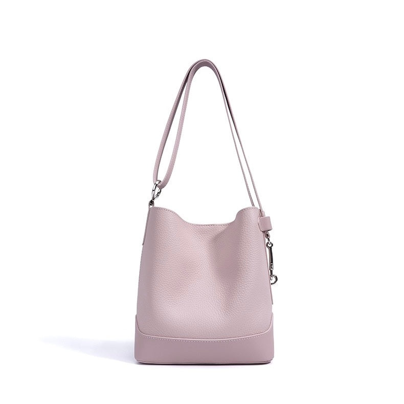 Genuine Leather Lychee Grain Bucket Crossbody Bag for Women